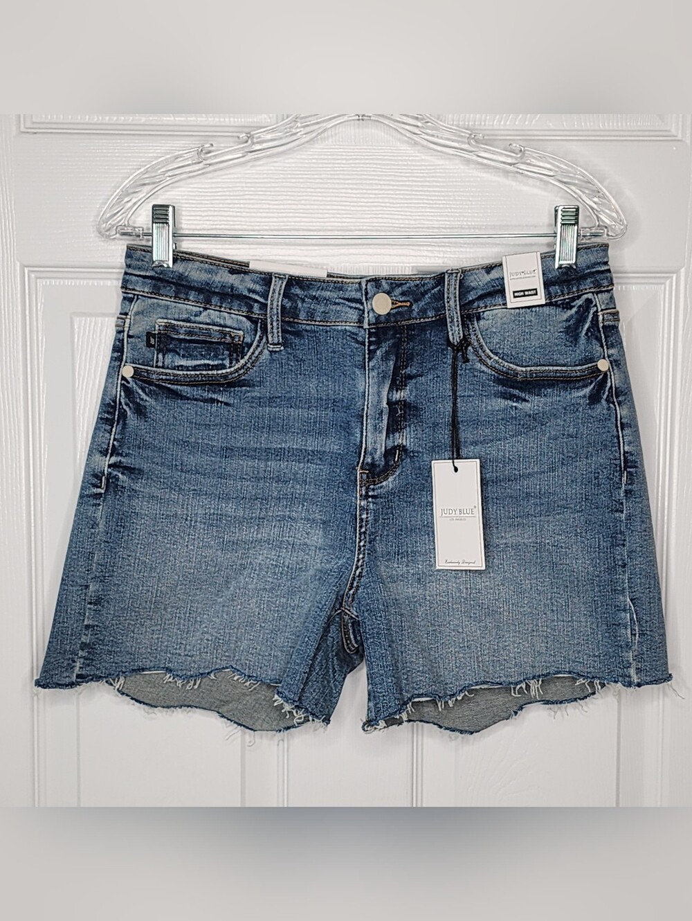 Judy Blue High Waist Cut Off Denim Jean Shorts New With Tags L Medium Blue Wash
